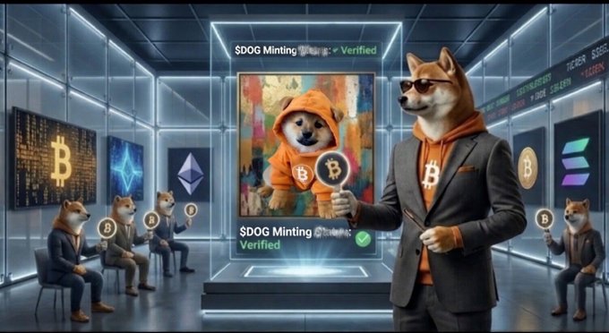 An image showing Shiba Inu dog characters in suits around an NFT display, with text '$DOG Minting Verified' and various crypto logos in the background.