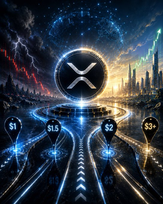 A dramatic XRP (X currency token) graphic showing price prediction paths leading to $1, $1.5, $2, and $3+ milestones against a futuristic city backdrop.
