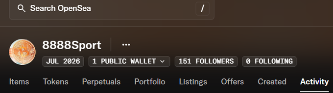 A screenshot of the OpenSea profile for "8888Sport" showing 1 public wallet, 151 followers, 0 following, and activity dating from July 2026. The account's notably low stats—particularly having zero followings despite holding 151 followers and only one public wallet—visually reinforces the post's complaint about it being the most frustrating account on OpenSea.