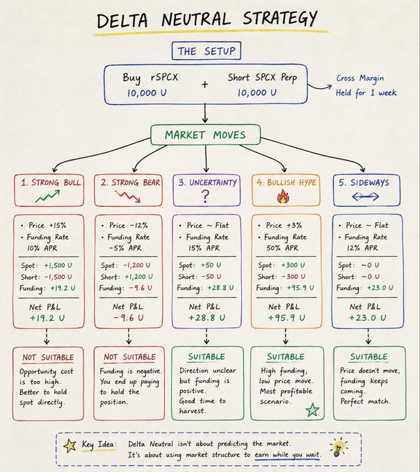An infographic titled 'DELTA NEUTRAL STRATEGY' explaining a setup buying SPCX spot and shorting SPCX perp across five market scenarios.