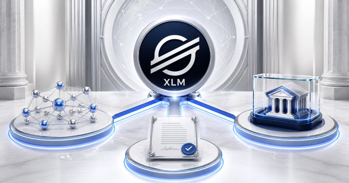 A promotional image for Stellar (XLM) cryptocurrency showing the XLM logo in a circular emblem, accompanied by 3D-rendered icons representing a network/connection, a signed document/certificate, and a bank/financial institution symbol.