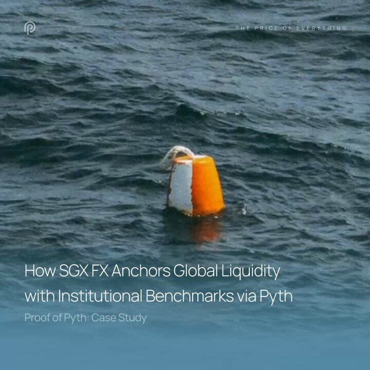 The image shows a buoy floating in the ocean with an orange and white stripe down its middle. The text above the image reads "How SGX FX Anchors Global Liquidity with Institutional Benchmarks via Pyth". This suggests that the buoy is used as a marker for financial institutions to track global liquidity, which can be accessed through the Pyth Data Marketplace.