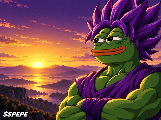 A digitally illustrated character combining Pepe the Frog with a Super Saiyan-style spiky purple hairstyle, wearing a purple gi with crossed arms against a sunset mountain backdrop, with "$SPEPE" text in the corner.