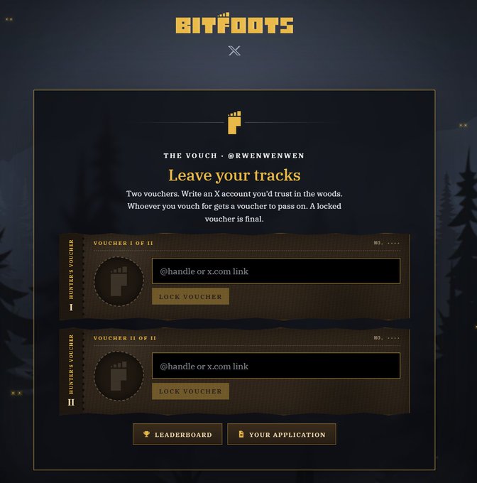 A digital webpage for 'BITPOOTS' titled 'THE VOUCH • @RWENWENWEN' with instructions reading 'Leave your tracks. Two vouchers. Write an X account you'd trust in the woods. Whoever you vouch for gets a voucher to pass on. A locked voucher is final,' featuring input fields and 'LOCK VOUCHER' buttons.
