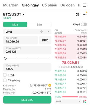 A Vietnamese cryptocurrency trading app interface showing a BTC/USDT buy order at $78,029.99 with limit order details and order book depth.
