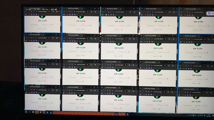 A computer monitor displays a grid of 20 browser windows, all showing "25Φ ALIGN" with messages like "Retweet," "Follow us on X," and "Done on X," implying mass bot activity to artificially inflate $ALIGN engagement metrics in an attempt to drive up the token's price. The image satirizes the post's question about whether 600 accounts can make someone rich through coordinated manipulation rather than genuine market demand.