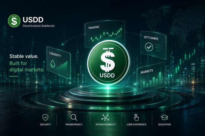 The image showcases USDD as a decentralized stablecoin with the tagline "Stable value. Built for digital markets," featuring a central USDD coin surrounded by graphics representing trading, settlement, liquidity, and markets, highlighting its core values of security, transparency, interoperability, user experience, and education.

This visual reinforces the post's message about USDD providing reliable blockchain infrastructure for digital finance, extending beyond simple stable value storage to enable broader financial applications and market opportunities.