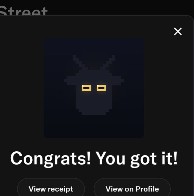 A digital achievement notification showing a pixel-art dark creature with yellow eyes on a dark blue background, with text reading "Congrats! You got it!" and buttons labeled "View receipt" and "View on Profile."