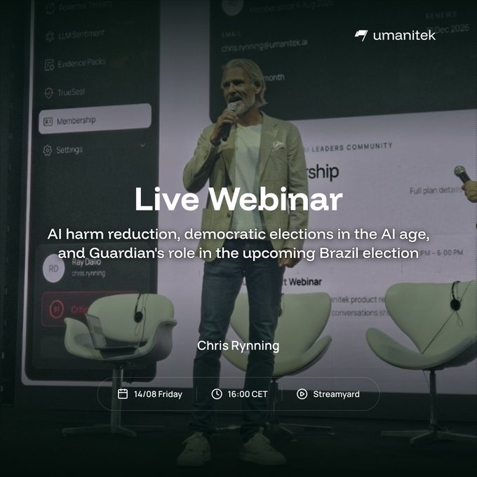 A man with long gray hair and beard, identified as Chris Rynning, speaks into a microphone on a stage at the umanitek "Live Webinar" on AI harm reduction, democratic elections in the AI age, and Guardian's role in the upcoming Brazil election. The event is scheduled for 14/08 Friday at 16:00 CET on Streamyard, supporting the post about OriginTrail-powered AI infrastructure for Brazil's 2026 elections.