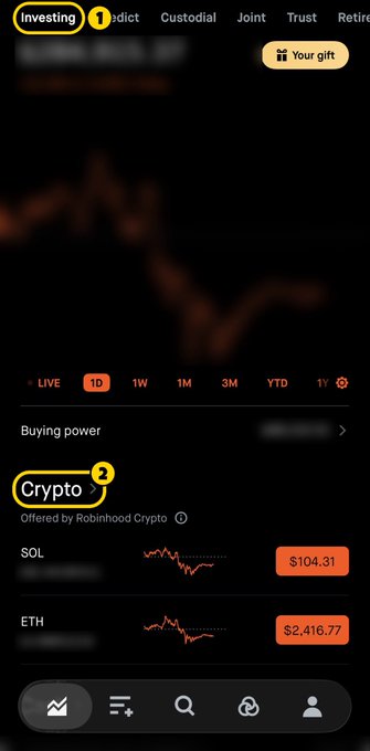 Screenshot of the Robinhood app showing the Investing tab with Crypto section marked; SOL is priced at $104.31 and ETH at $2,416.77.