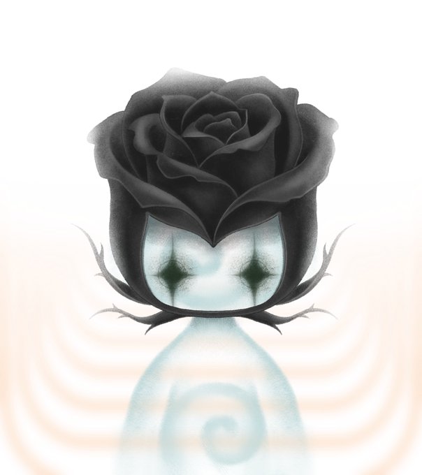 A stylized digital illustration featuring a black rose whose stem is shaped like a pale humanoid figure with glowing diamond-shaped eyes, set against a white and peach background with wavy lines.