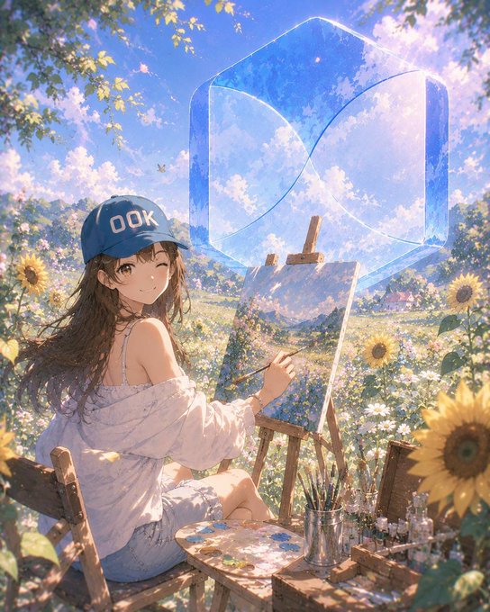 An anime-style illustration of a girl wearing a blue cap with '00K' text, painting at an easel in a sunflower field with a large translucent blue X logo floating in the background.