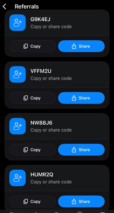A mobile app Referrals screen displaying four referral codes (G9K4EJ, VFFM2U, NW88J6, HUMR2Q) each with Copy and Share buttons.