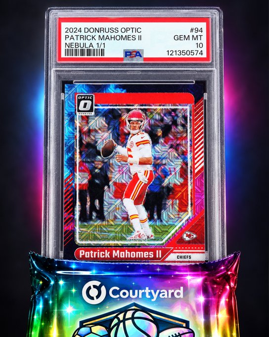 A graded 2024 Donruss Optic Nebula 1/1 Patrick Mahomes II PSA 10 trading card (cert #121350574) sits on a colorful, iridescent pack of what appears to be "Courtyard" Sports Cosmic cards, highlighting the rare 1/1 pull referenced in the post.