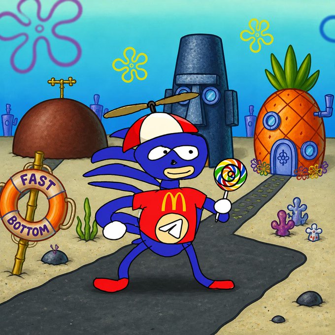 A cartoon scene featuring a blue rabbit-like character wearing a propeller hat and a McDonald's logo shirt, holding a lollipop, set against a SpongeBob-style background with a pineapple house and a 'FAST BOTTOM' sign.