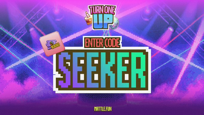 A bold "Turn One Up" promotional graphic set against a vibrant purple and pink neon background instructs viewers to enter code "SEEKER" for a free spin ticket. An icon showing 100 tickets sits beside the code, reinforcing the Wheel of Fortune giveaway for the Solana Mobile community.