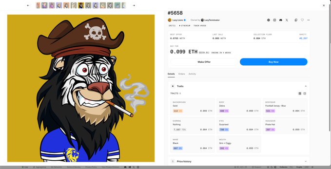 A webpage for NFT collection #5658 'Lazy Lions' shows a pirate lion character, priced at 0.099 ETH with various traits listed.