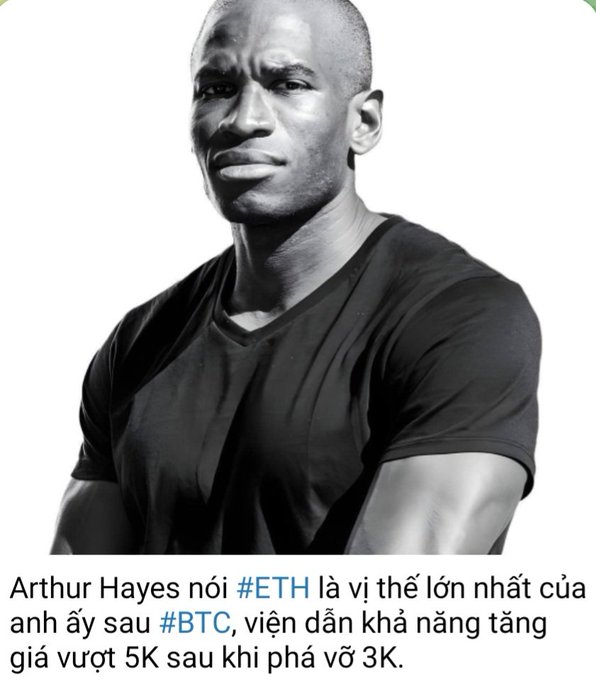 A black-and-white photo of Arthur Hayes (BitMEX co-founder) in a dark t-shirt, with Vietnamese caption stating that ETH is his largest bet after BTC, predicting it could surpass 5K after breaking 3K.