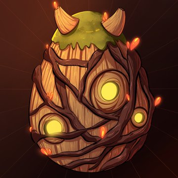 A digital illustration of a wooden egg-like creature with glowing yellow eyes, wrapped in twisting roots and topped with green moss and small horns, surrounded by floating ember particles.