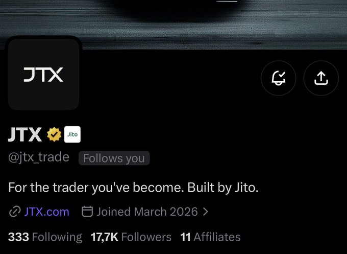 The image shows the Twitter/X profile of @jtx_trade, displaying the account name "JTX" with a verified checkmark, the bio "For the trader you've become. Built by Jito," and account statistics showing 333 Following, 17.7K Followers, and 11 Affiliates. The image directly supports the post by highlighting that JTX follows exactly 333 people, matching the boast in the accompanying message.