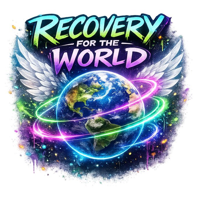 A colorful, vibrant t-shirt design graphic featuring the text 'RECOVERY FOR THE WORLD' in graffiti-style lettering above an Earth globe with angel wings and neon orbital rings in cyan and magenta.