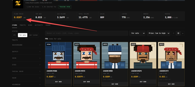 The image shows a ZADDR NFT marketplace floor price of 0.0287 ETH (highlighted with a red arrow) alongside stats like 1,800 on-chain supply, 5.5% creator fee, and a 24h volume of 11.4775 ETH, displaying pixelated CryptoPunk-style character NFTs for sale. This screenshot supports the post's claim about the floor price rebounding to 0.02+ ETH, aligning with the whitelist minimum price mentioned.