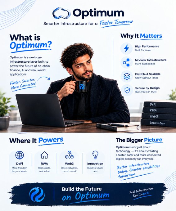An infographic for 'Optimum' describes it as a next-gen infrastructure layer for on-chain finance, AI, and real-world applications, highlighting high performance, modular infrastructure, and uses in DeFi, RWA, and Web3.