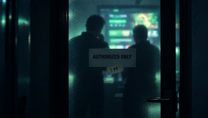 A dim glass door bears a white “AUTHORIZED ONLY” sign and a smaller handwritten “199” label, with two blurred people visible in a control-room-like space behind it.