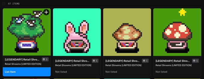 A digital interface displaying four '[LEGENDARY] Retail Shrooms [LIMITED EDITION]' NFT items, each a pixel-art mushroom character, with the first one marked for listing.