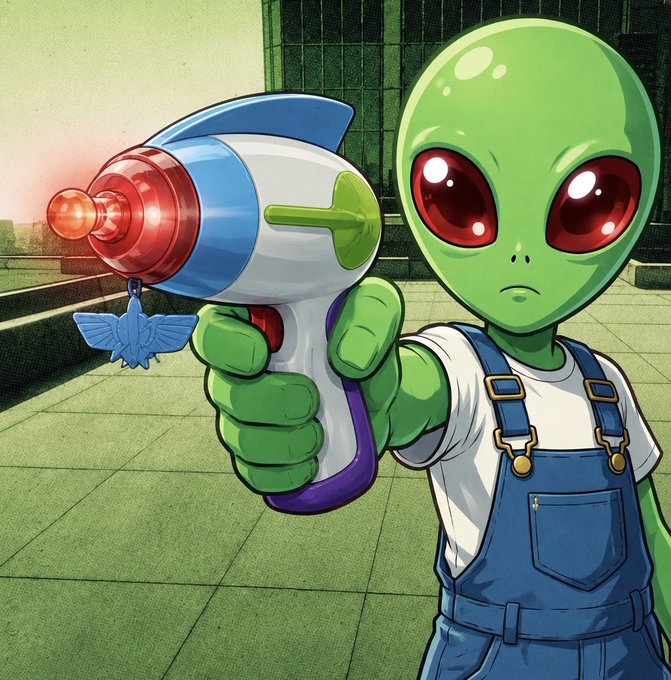 A cartoon-style illustration of a green alien with large red eyes wearing blue overalls, holding a futuristic ray gun with wings emblem.
