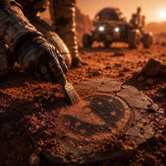 A futuristic sci-fi scene on Mars showing a gloved hand using a brush to uncover an ancient circular symbol carved into the red dusty ground, with a rover visible in the background under an orange sky.