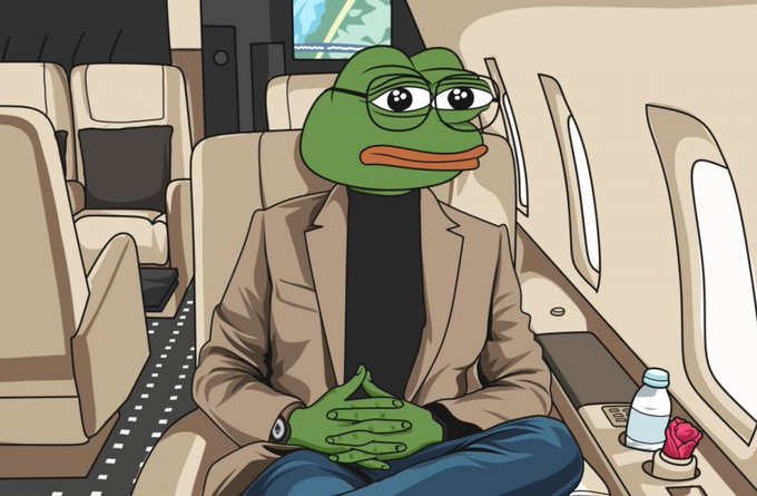 A weary Pepe the Frog sits in business class on a private jet, hands clasped with a watch visible on his wrist, exuding the calm of someone who isn't sweating Bitcoin's price swings. The image perfectly captures the smug composure of long-term holders as the post jokes about leveraged shorts getting liquidated at $100k BTC.