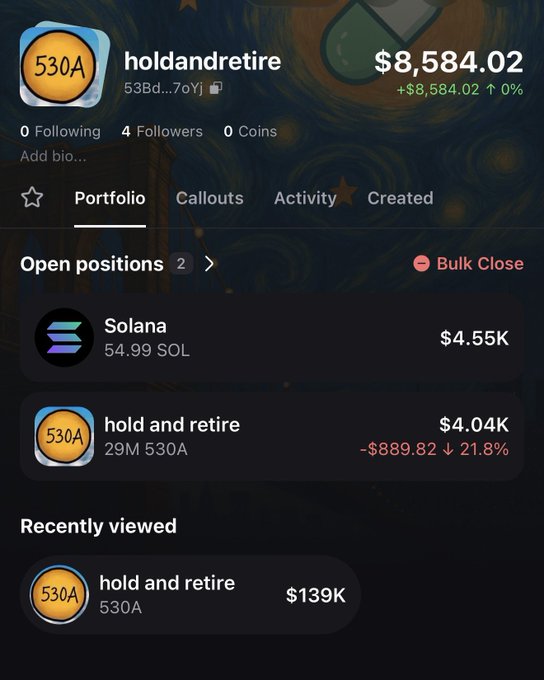 The image shows a portfolio screen for user "holdandretire" displaying a balance of $8,584.02 with two open positions: 54.99 SOL valued at $4.55K and 29M 530A tokens (ticker "hold and retire") valued at $4.04K, which is down 21.8% (-$889.82). This relates to the post by showcasing the trader's portfolio on day 1, highlighting the SOL position they claim to have "blasted through" the first 50 of, while teasing an upcoming airdrop snapshot for the 530A "hold and retire" token.