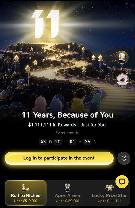 A mobile app screen advertises '11 Years, Because of You' with $1,111,111 in rewards, showing a countdown timer and event options like 'Roll to Riches', 'Apex Arena', and 'Lucky Prize Star'.