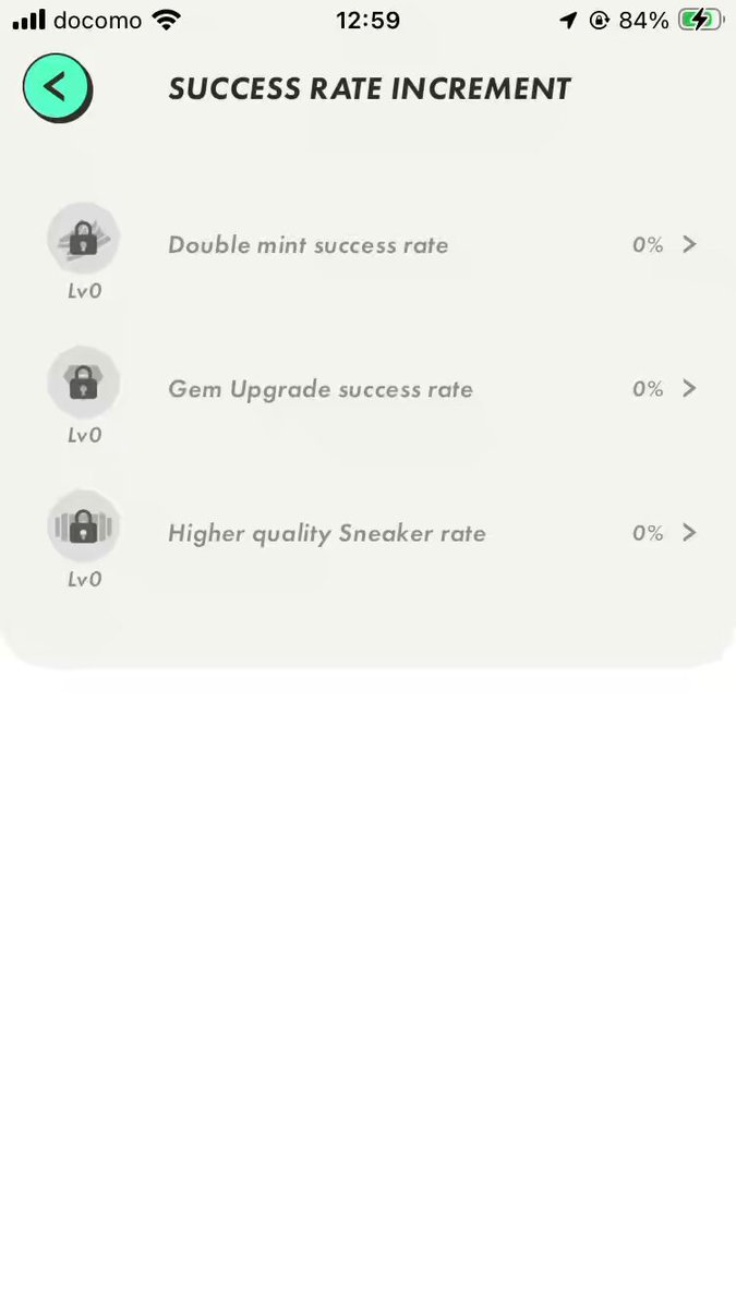 The image shows a phone screen with a list of options for success rate increase, including upgrading the quality of sneakers or adding more features. The text on the screen reads "Success Rate Increase" and there are three options provided: "Double Mint Success Rate", "Gem Upgrade Success Rate", and "Upgrade Success Rate". The background color is white, which contrasts with the black text on the phone screen.