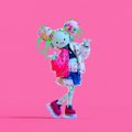 A stylized digital illustration of an anime-style character holding a pink object against a solid pink background.