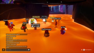 The image shows a group of people standing around an orange lava pit, possibly in a video game setting or a virtual reality experience. The players are interacting with each other through chat messages, indicating that they might be playing together online. There are at least ten people visible in the scene, some of whom appear to be gamers and others who seem more like adventurers exploring the lava pit. The overall atmosphere suggests an exciting and engaging gaming session or immersive virtual reality experience.