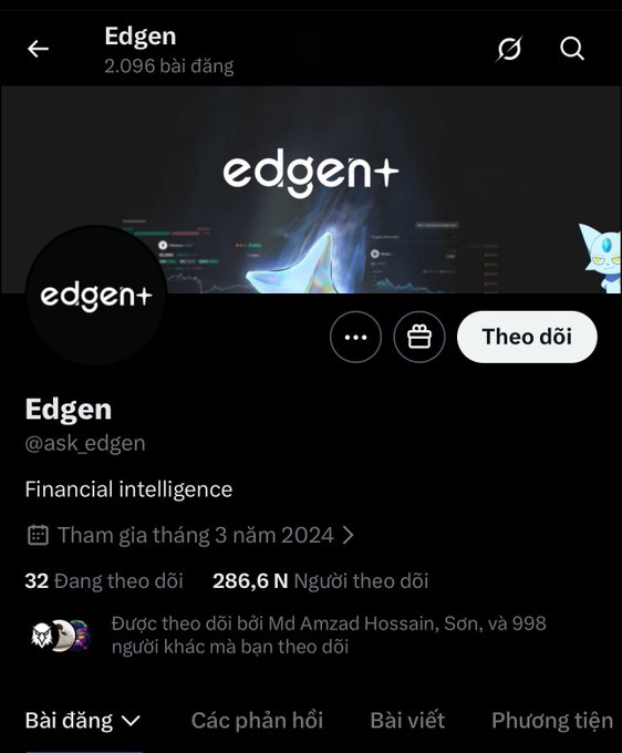 A Twitter/X profile page for 'Edgen' (@ask_edgen), a financial intelligence account joined in March 2024 with 286.6K followers.