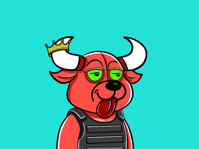 A red cartoon bull character wearing a small gold crown on its left horn and a black tactical vest, sticking out its tongue against a teal background.