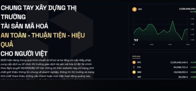 A Vietnamese-language crypto exchange webpage (SCEX) promoting a digital asset school with the tagline about building a safe, convenient, and effective crypto asset school for Vietnamese people, alongside a BTC price chart.