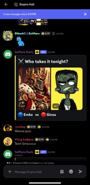 A mobile screenshot of an Empire Kill messaging group chat, with a pinned message asking 'Who takes it tonight?' between users 'Emko' and 'Ginsu' alongside chess and character avatars.
