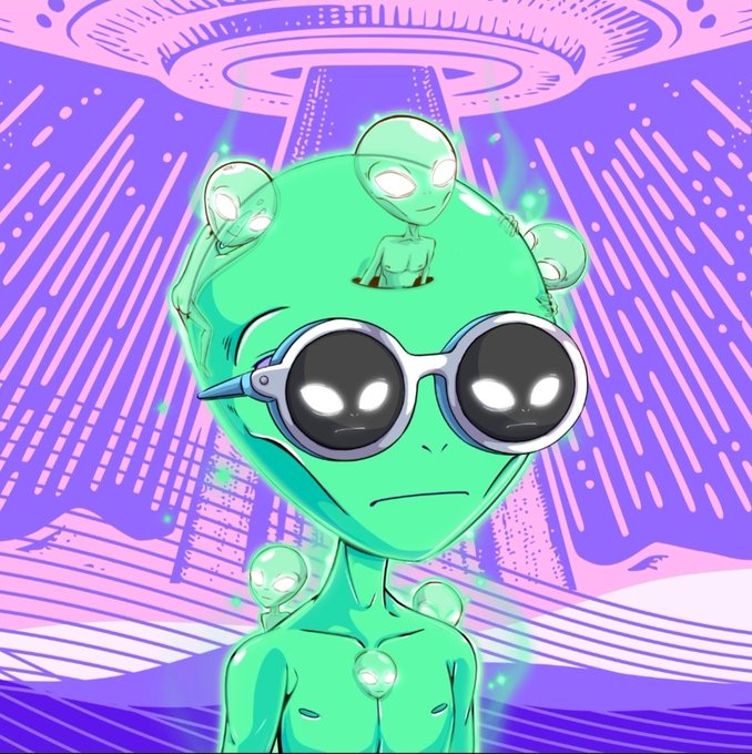 An animated illustration of a green alien with large round goggles, surrounded by smaller alien figures, set against a purple UFO abduction backdrop.