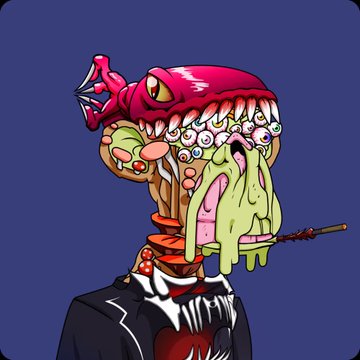 A colorful digital illustration of a grotesque character wearing a suit, featuring multiple eyes, a pink lobster on its head, and a green slime dripping from its mouth, holding a cigarette.