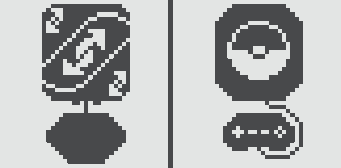 Two pixel-art icons displayed side by side, both featuring a circle with a letter inside (M and S) connected to smaller circular elements below.