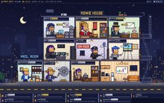 A pixel art scene showing Tom's House with various character rooms on multiple floors at night.