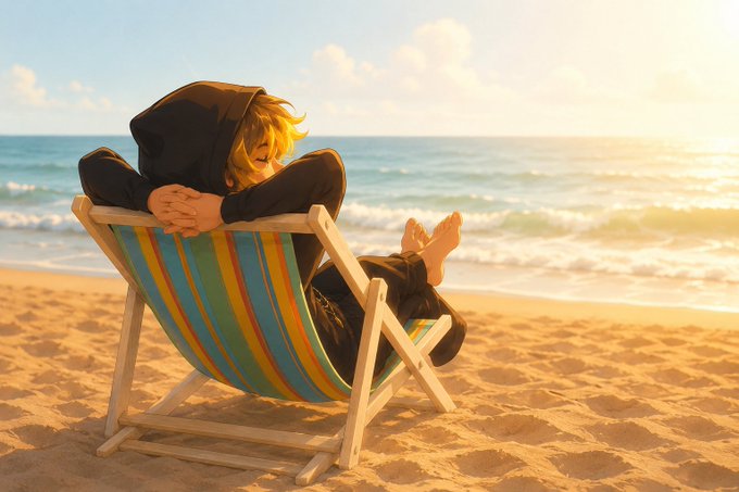 An anime-style illustration shows a blonde-haired character in dark clothing reclining in a striped beach chair on a sandy shore, facing the ocean under a sunny sky.