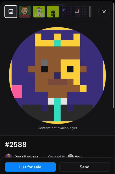 The image shows a mobile NFT trading interface displaying pixel art of a crowned figure (likely Kanye West) with the message "Content not available yet" and NFT #2588 by "ReneBrokkr," with options to "List for sale" or "Send." This relates to the post's mention of daily NFT minting routines, illustrating the platform used for buying, selling, and minting these digital collectibles.