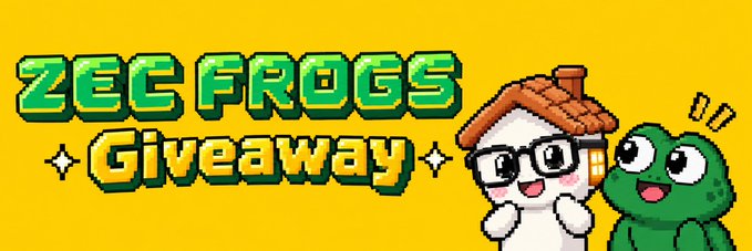 A pixel art graphic with yellow background featuring green text 'ZEC FROGS Giveaway' alongside cartoon characters of a house with glasses and a green frog.