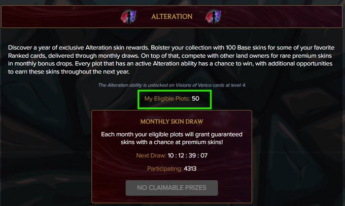 A game interface screen for 'ALTERATION' showing 'My Eligible Plots: 50' (highlighted in green), with a 'MONTHLY SKIN DRAW' panel indicating 'Next Draw: 10 : 12 : 39 : 07' and 'Participating: 4313'.