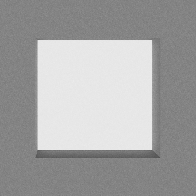 A minimalist image showing a bright white square opening or window set into a gray textured surface.